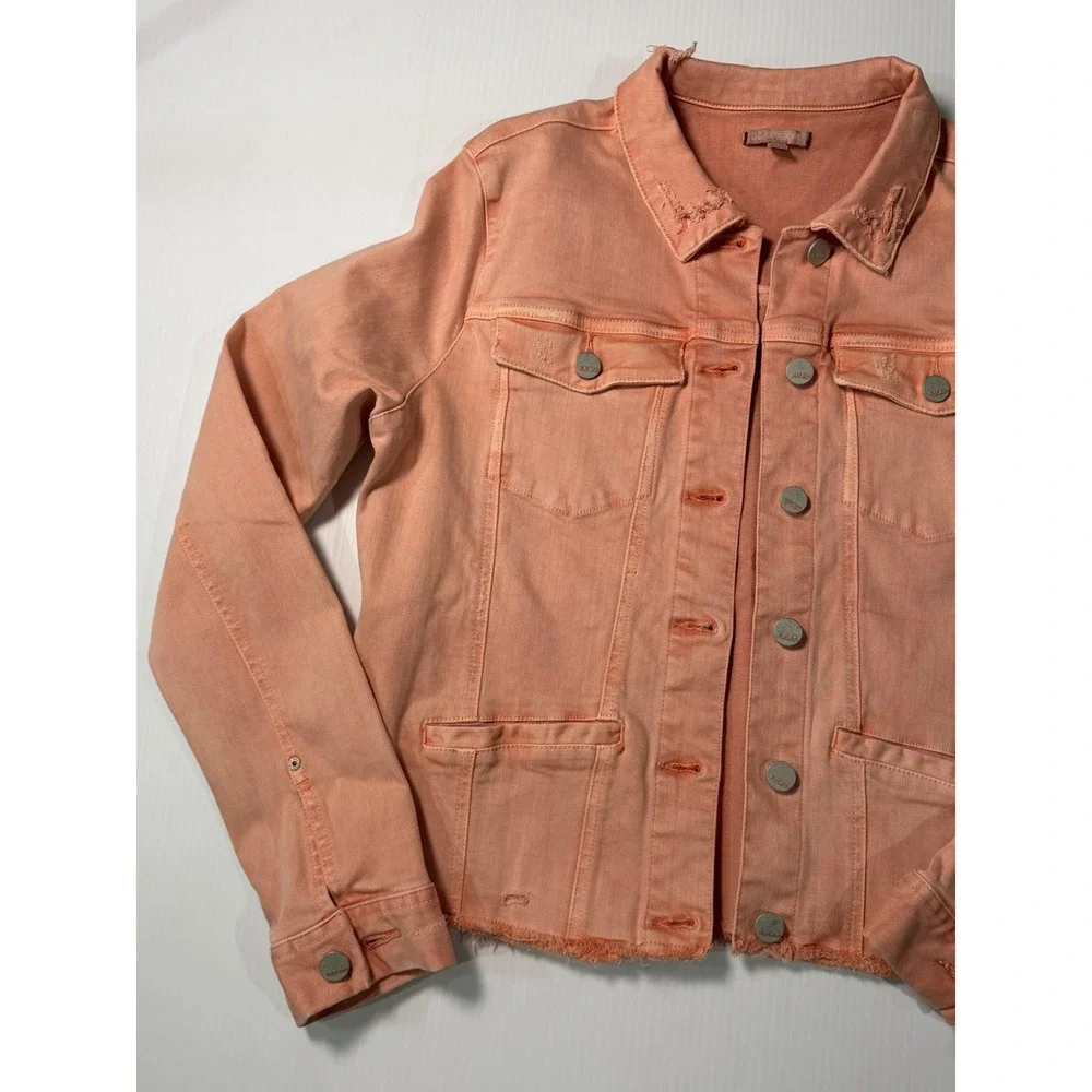Dear John Denim Jacket Peach Distressed Raw Hem Button Up Cropped M Womens‎